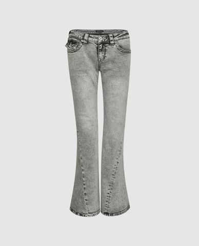  URBAN REVIVO - Quần jeans nữ ống loe wash bạc 