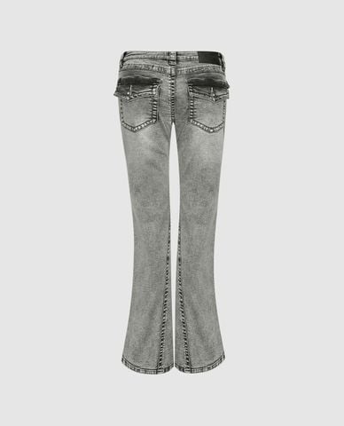  URBAN REVIVO - Quần jeans nữ ống loe wash bạc 