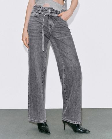  URBAN REVIVO - Quần jeans nữ ống rộng phối dây rút 