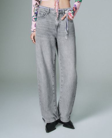  URBAN REVIVO - Quần jeans nữ ống đứng lưng thun phối dây rút 