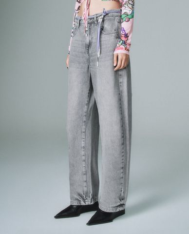  URBAN REVIVO - Quần jeans nữ ống đứng lưng thun phối dây rút 