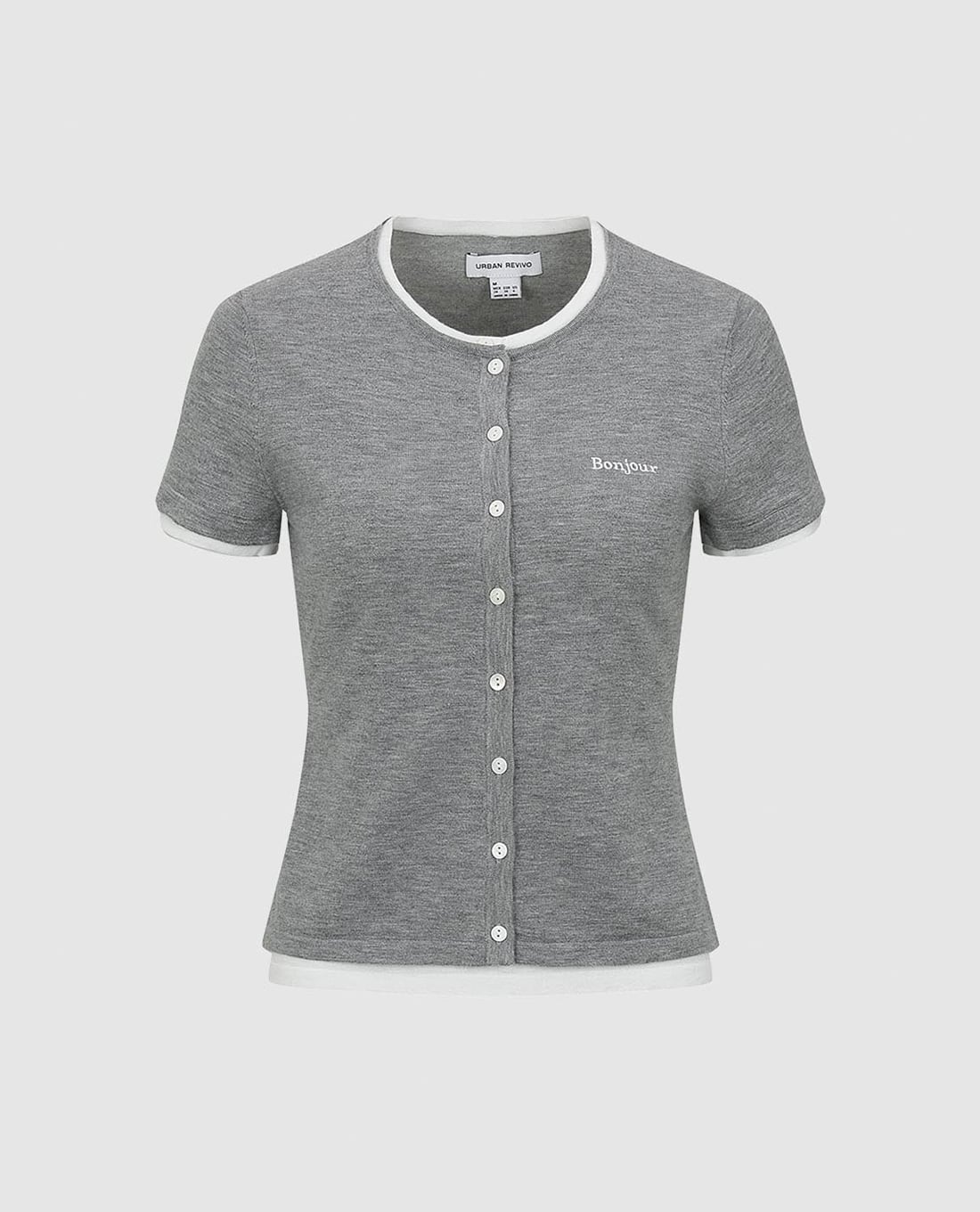 URBAN REVIVO - Áo dệt kim nữ cổ tròn tay ngắn phối nút