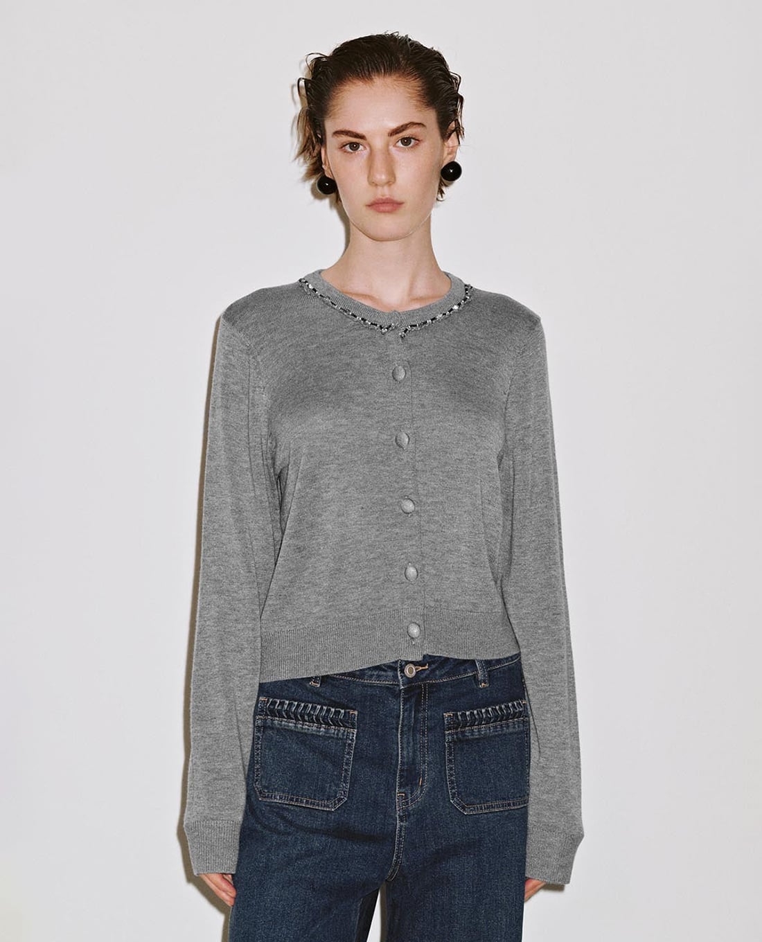 URBAN REVIVO - Áo khoác cardigan nữ tay dài đính đá