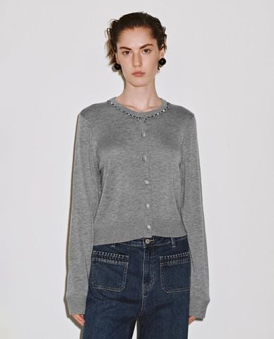  URBAN REVIVO - Áo khoác cardigan nữ tay dài đính đá 