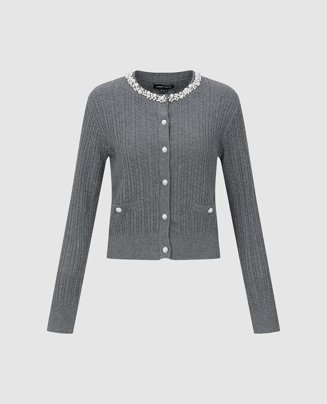 URBAN REVIVO - Áo dệt kim nữ cổ tròn tay dài phối ngọc trai