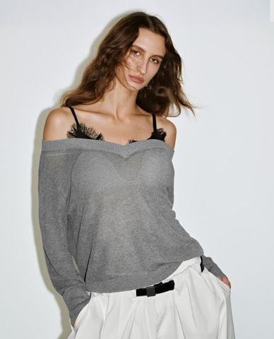  URBAN REVIVO - Áo dệt kim nữ cổ V tay dài phối ren 