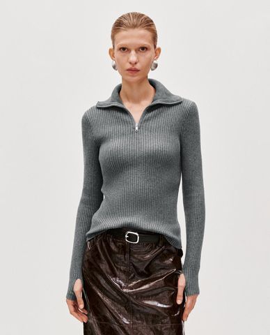  URBAN REVIVO - Áo dệt kim nữ cổ bẻ phối khóa kéo 