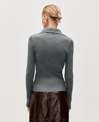  URBAN REVIVO - Áo dệt kim nữ cổ bẻ phối khóa kéo 