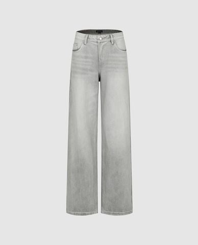  URBAN REVIVO - Quần jeans nữ ống rộng wash bạc 