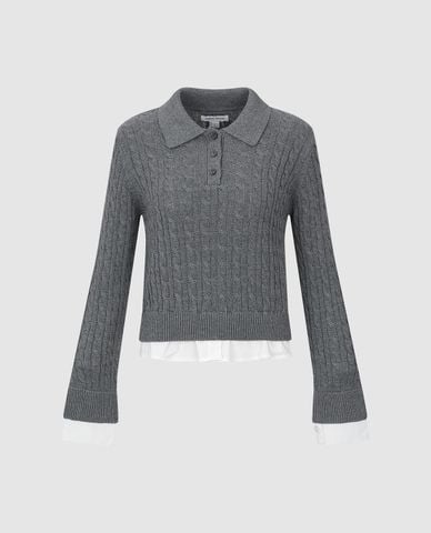  URBAN REVIVO - Áo dệt kim nữ cổ bẻ tay dài phối nút 