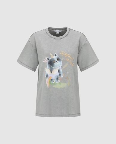  URBAN REVIVO - Áo thun nữ cổ tròn tay ngắn in họa tiết 