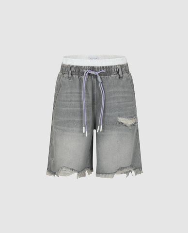  URBAN REVIVO - Quần short jeans nữ lưng thun phối dây rút 