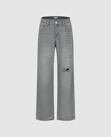  URBAN REVIVO - Quần jeans nữ ống rộng wash bạc rách gối 