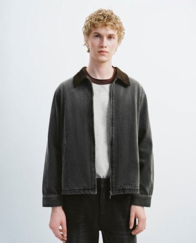  URBAN REVIVO - Áo khoác denim nam cổ nhung tay dài 