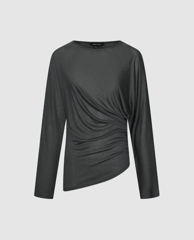  URBAN REVIVO - Áo kiểu nữ cổ thuyền tay dài nhún eo 