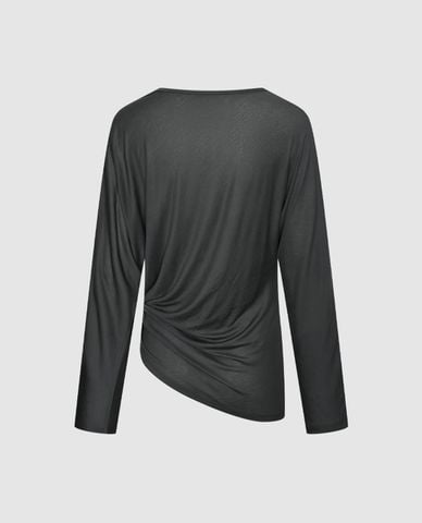  URBAN REVIVO - Áo kiểu nữ cổ thuyền tay dài nhún eo 