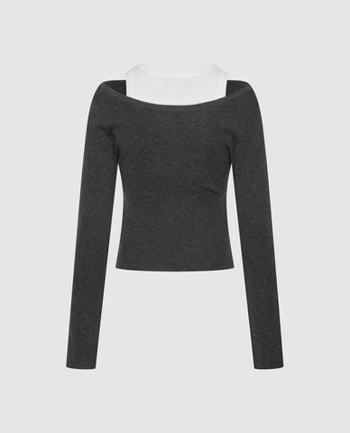  URBAN REVIVO - Áo dệt kim nữ cổ thuyền tay dài phối layer 