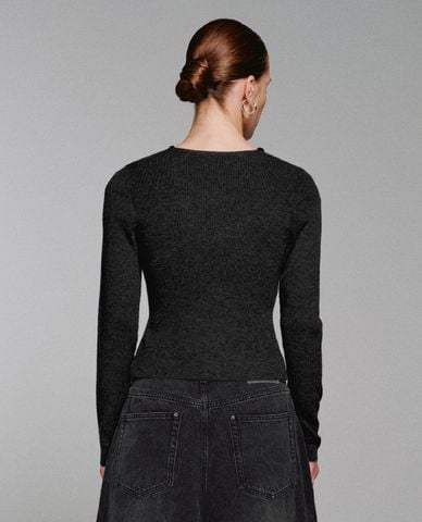  URBAN REVIVO - Áo dệt kim nữ tay dài phối dây viền ren 