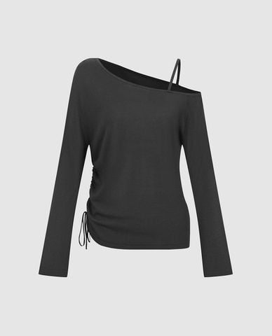  URBAN REVIVO - Áo dệt kim nữ tay dài lệch vai dây rút 