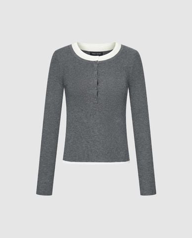  URBAN REVIVO - Áo dệt kim nữ cổ tròn tay dài phối viền 