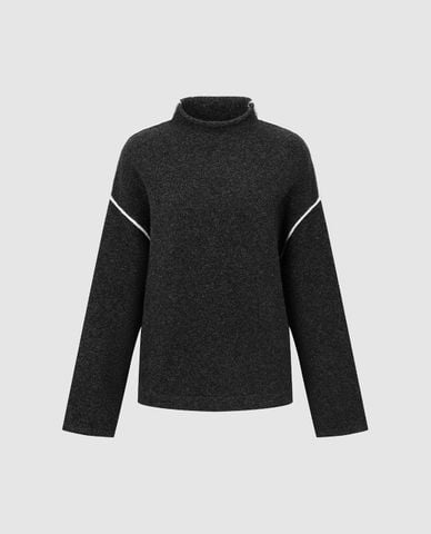  URBAN REVIVO - Áo dệt kim nữ cổ lọ tay dài phối viền 