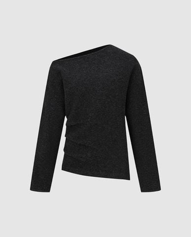  URBAN REVIVO - Áo kiểu nữ tay dài lệch vai nhún eo 