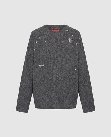  URBAN REVIVO - Áo dệt kim nữ cổ tròn tay dài đính hạt 