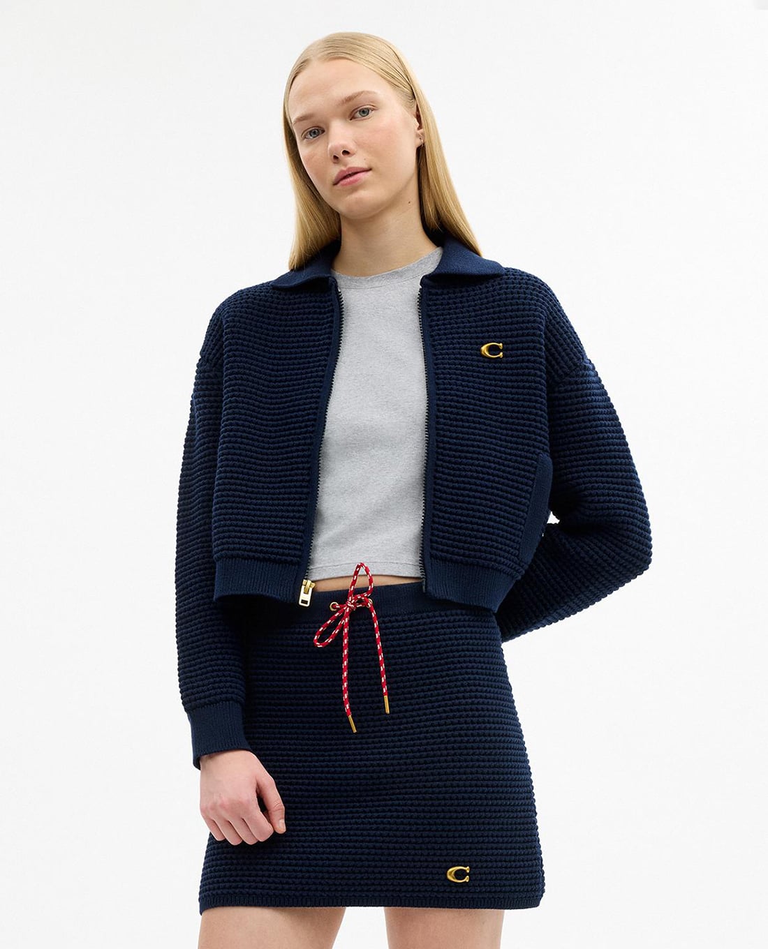 COACH - Áo khoác dệt kim nữ cổ bẻ tay dài khoá zip