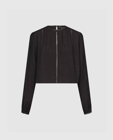  URBAN REVIVO - Áo kiểu nữ cổ tròn tay dài phối ren 