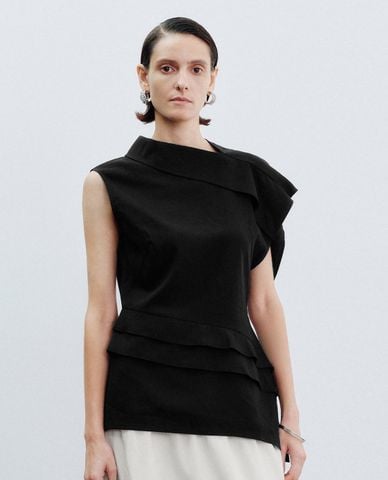  URBAN REVIVO - Áo kiểu nữ cổ chéo lệch vai 