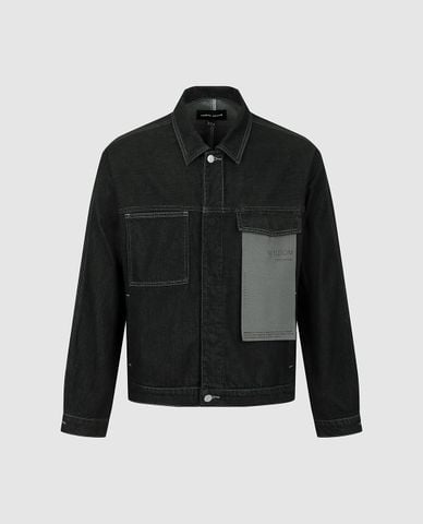  URBAN REVIVO - Áo khoác denim nam tay dài phối túi 