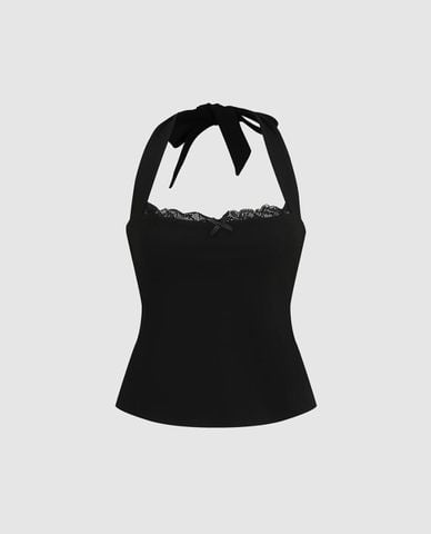  URBAN REVIVO - Áo kiểu nữ cổ yếm phối ren 