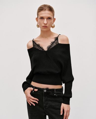  URBAN REVIVO - Áo dệt kim nữ cổ V tay dài phối ren 