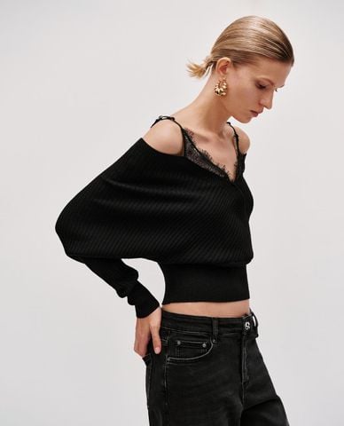  URBAN REVIVO - Áo dệt kim nữ cổ V tay dài phối ren 