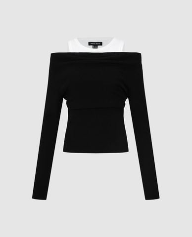  URBAN REVIVO - Áo dệt kim nữ trễ vai tay dài phối layer 