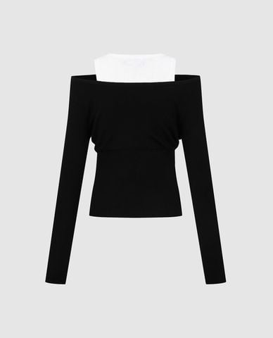  URBAN REVIVO - Áo dệt kim nữ trễ vai tay dài phối layer 