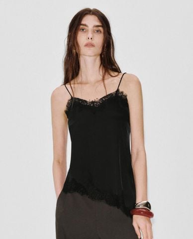  URBAN REVIVO - Áo hai dây nữ viền ren vạt xéo 