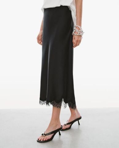  URBAN REVIVO - Chân váy phom suông midi phối viền ren 