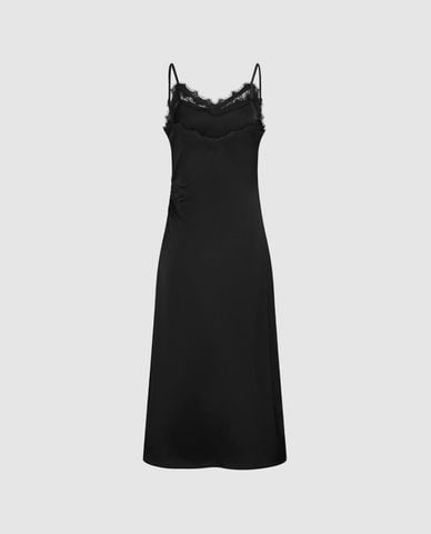  URBAN REVIVO - Đầm hai dây midi xếp nếp viền ren 