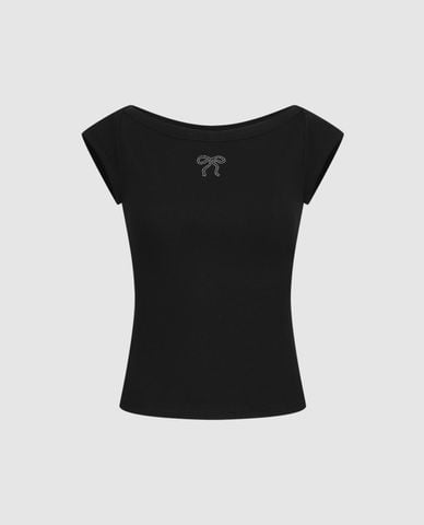  URBAN REVIVO - Áo thun nữ cổ thuyền phom ôm đính nơ 