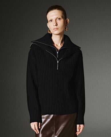  URBAN REVIVO - Áo dệt kim nữ tay dài phối khóa zip đôi 