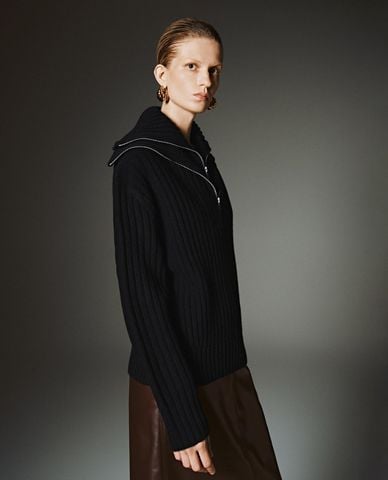  URBAN REVIVO - Áo dệt kim nữ tay dài phối khóa zip đôi 