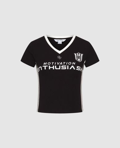  URBAN REVIVO - Áo thun nữ cổ V tay ngắn phối viền 