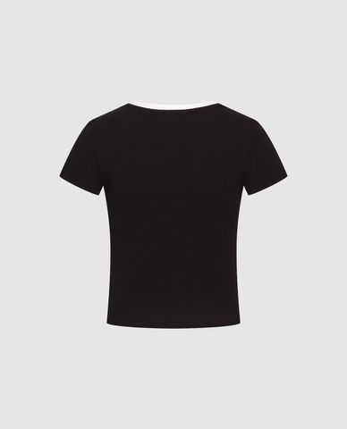  URBAN REVIVO - Áo thun nữ cổ V tay ngắn phối viền 