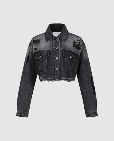  URBAN REVIVO - Áo khoác denim nữ wash bạc phom croptop 