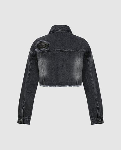  URBAN REVIVO - Áo khoác denim nữ wash bạc phom croptop 