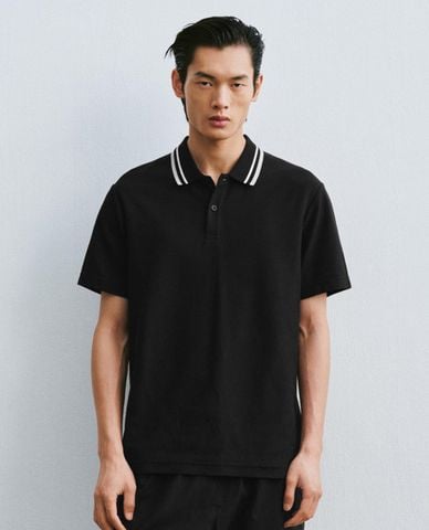  URBAN REVIVO - Áo polo nam cổ bẻ tay ngắn viền sọc 