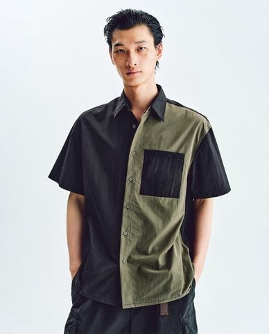  URBAN REVIVO - Áo sơ mi nam tay ngắn phối màu tương phản 