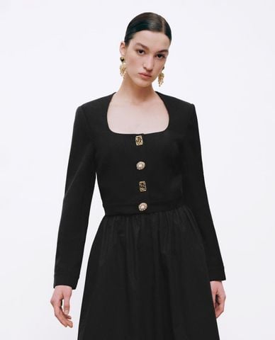  URBAN REVIVO - Áo croptop nữ cổ vuông tay dài phối nút 