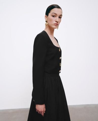  URBAN REVIVO - Áo croptop nữ cổ vuông tay dài phối nút 